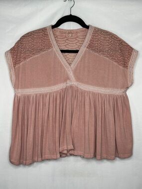 POL Dusty Rose Crochet Yoke Peasant Top